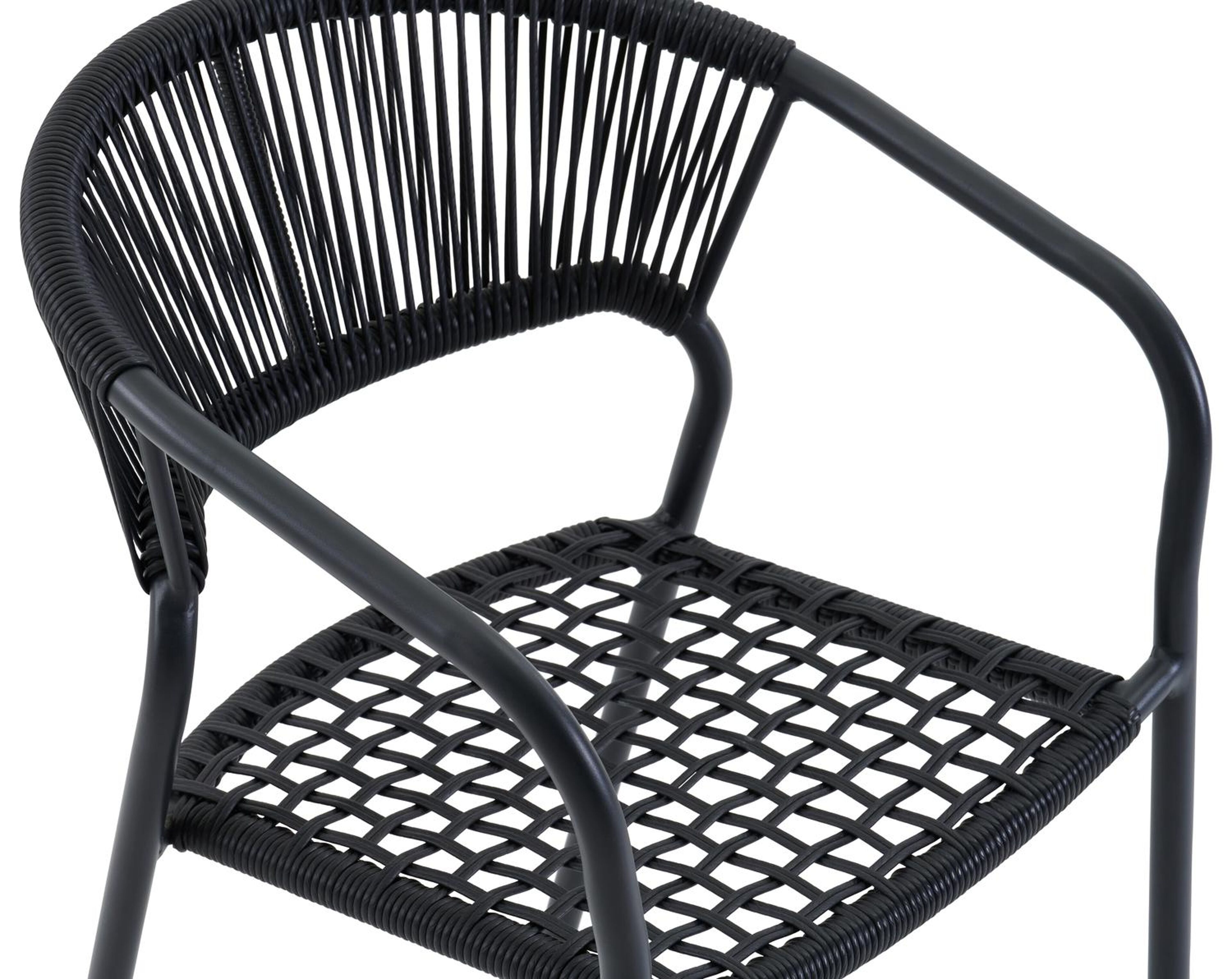 Vigo stapelbare tuinstoel in zwart aluminium en zwart vierkant geweven ronde rope