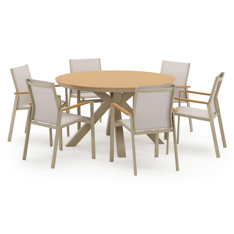 Tora tuinset in beige aluminium en polywood met 6 stapelbare Bahia tuinstoelen