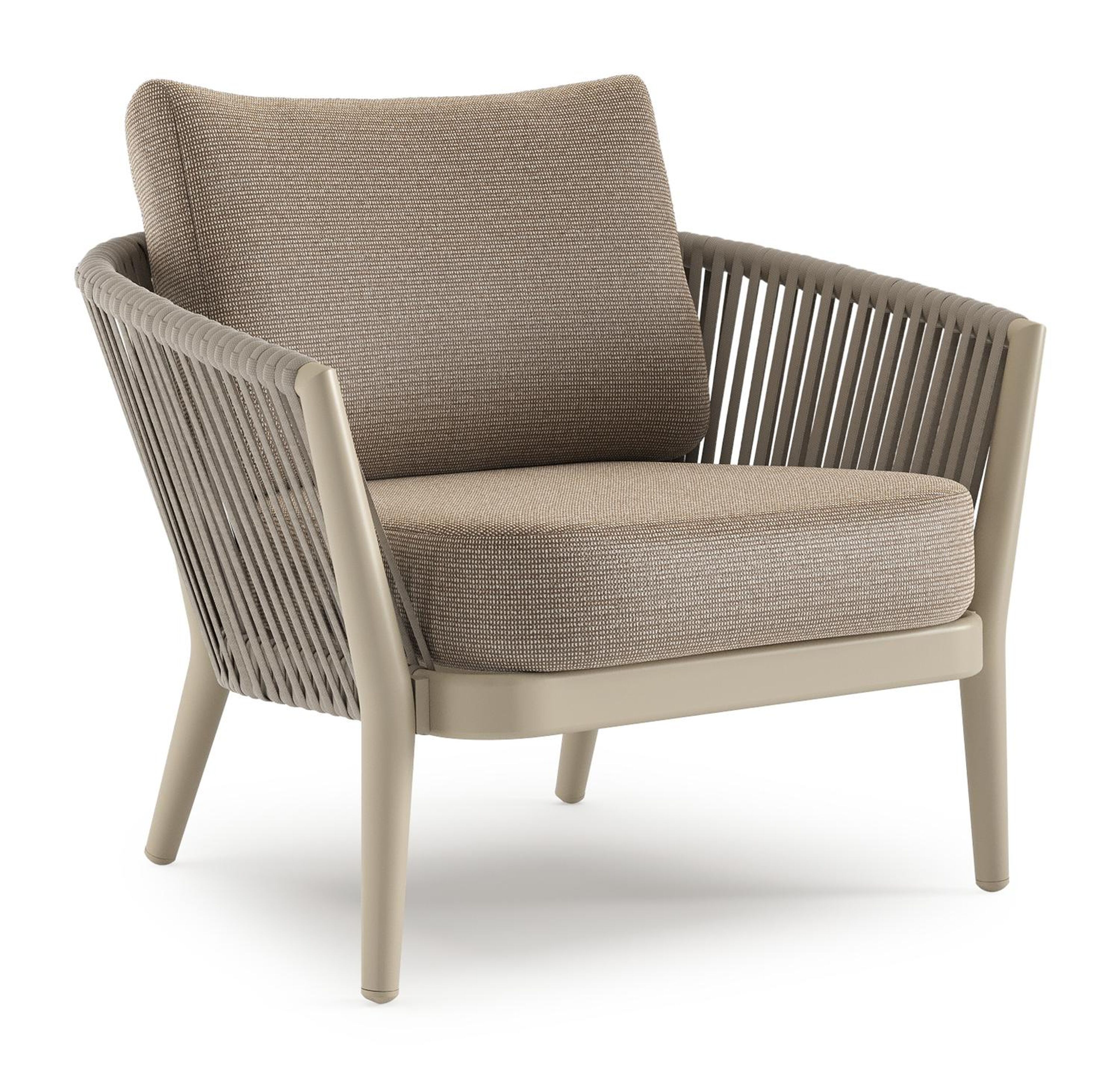 Orso loungestoel in beige aluminium en beige verticaal geweven luxe vlakke rope met Firenze Earth all weather solica kussen