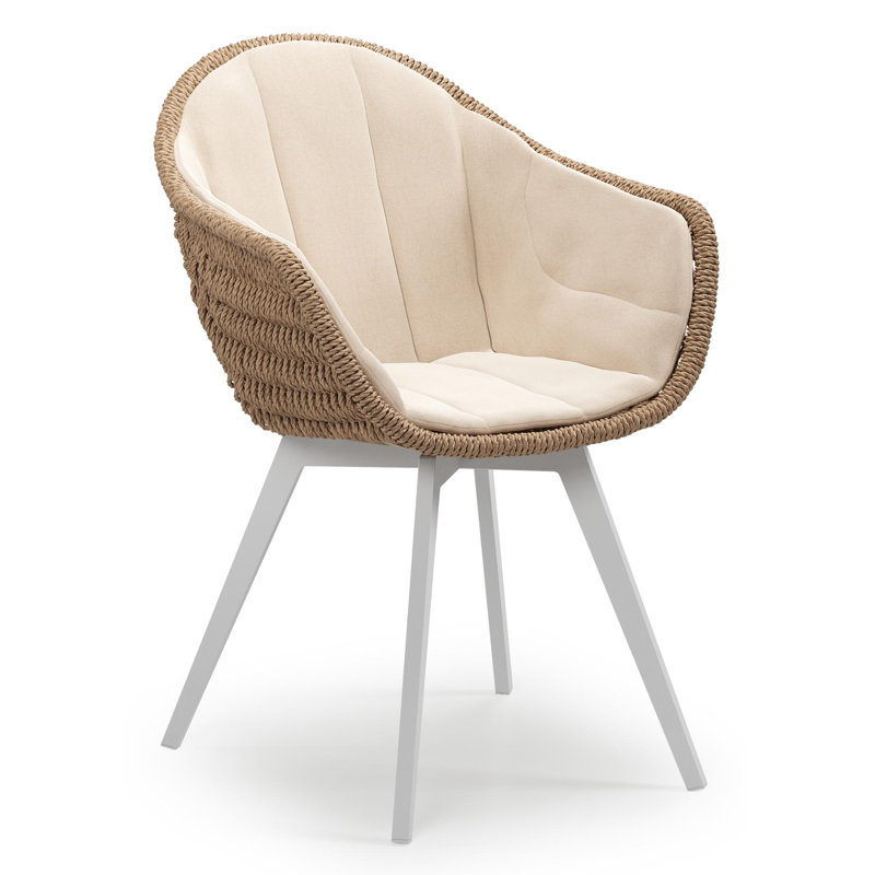 Pagino tuinstoel in wit aluminium en naturel ronde wicker met zitkussen in All Weather Sunbrella® Luxe Natte Linen Chalk