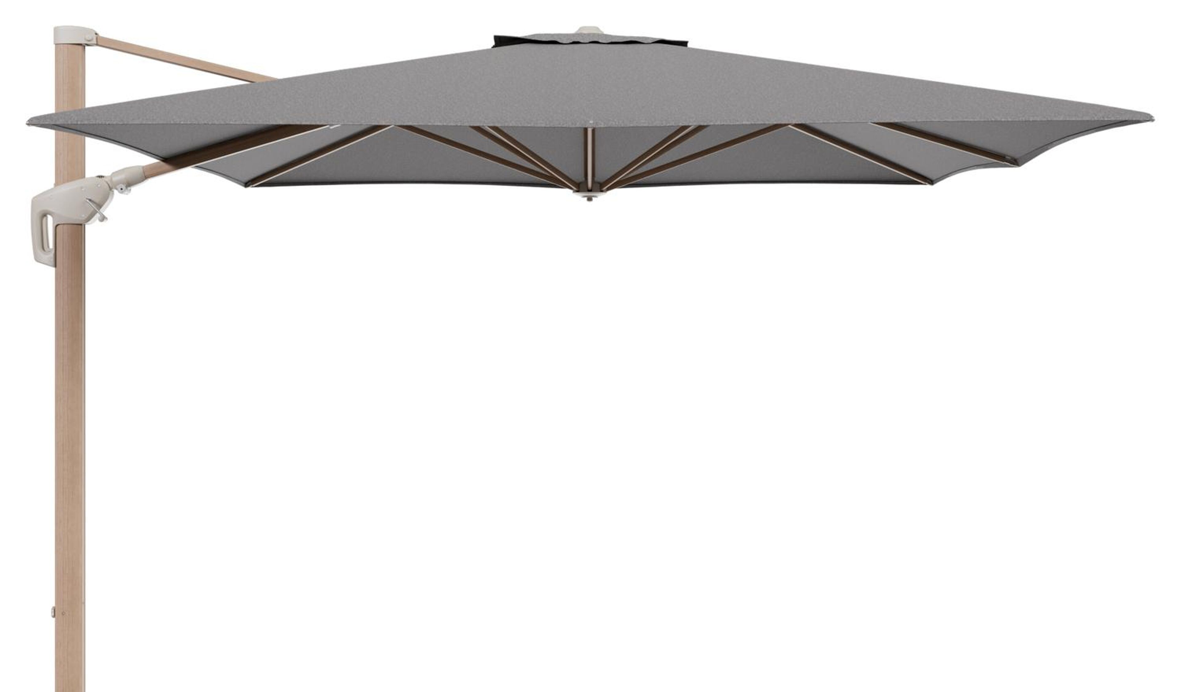 Minore zweefparasol met tiltfunctie in houtlook aluminium en Chartres Drizzle All Weather Sunbrella® Luxe parasoldoek - L1: 350 x L2: 350 cm (zonder voet)