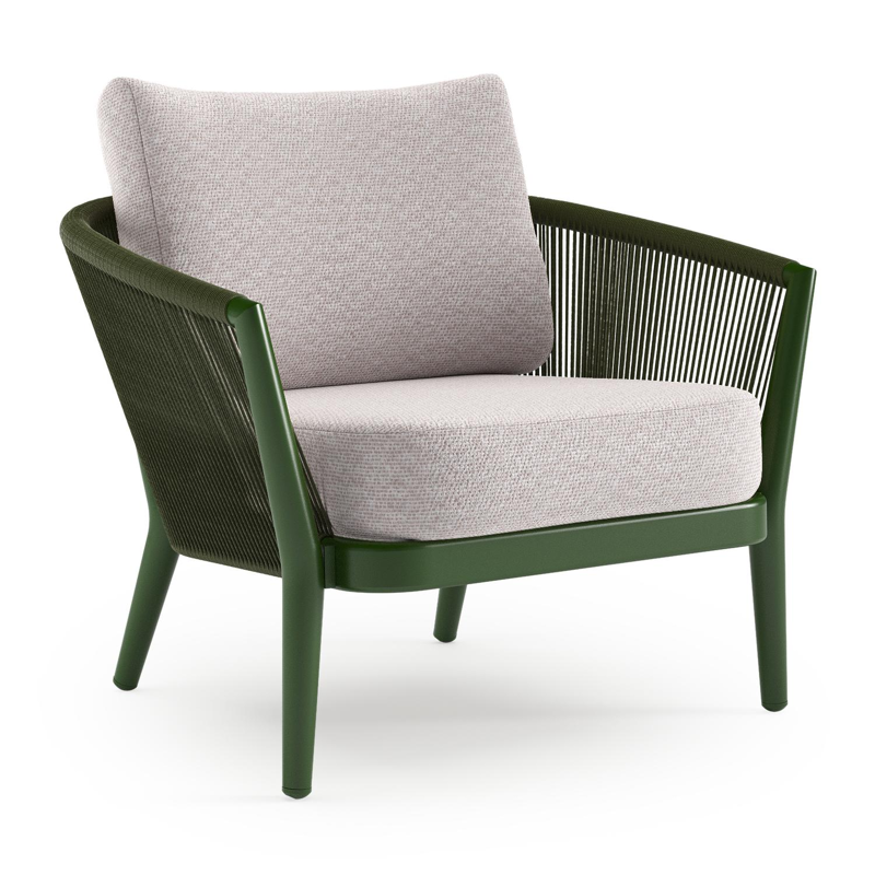 Orso loungestoel in groen aluminium en groen verticaal geweven ronde rope met Wander Gobi all weather sunbrella® luxe kussen