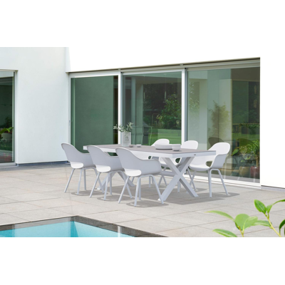 Reza tuinset in wit aluminium en grijs volkeramiek tafelblad met 6 Artena tuinstoelen