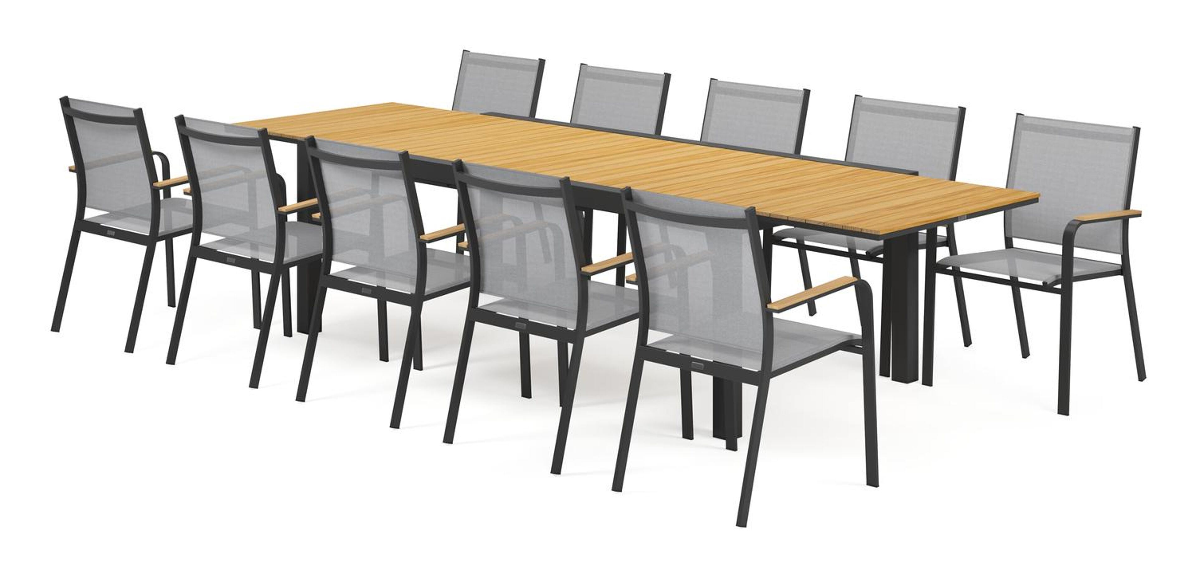 Calobra tuinset met verlengbare tafel in zwart aluminium en naturel teak tafelblad met 10 stapelbare Amalfi tuinstoelen