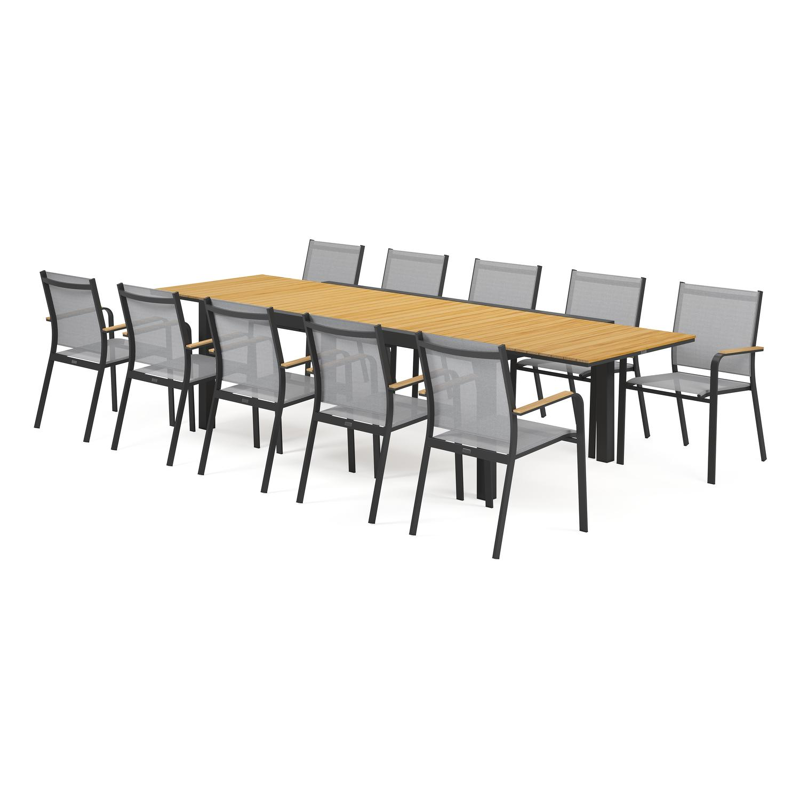 Ensemble de jardin Calobra avec table extensible en aluminium noir avec plateau de table en teck naturel et 10 chaises de jardin empilables Amalfi