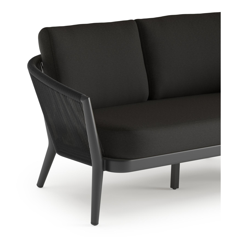 Orso loungebank in zwart aluminium en zwart verticaal geweven ronde rope met Heritage Char all weather sunbrella® luxe kussen