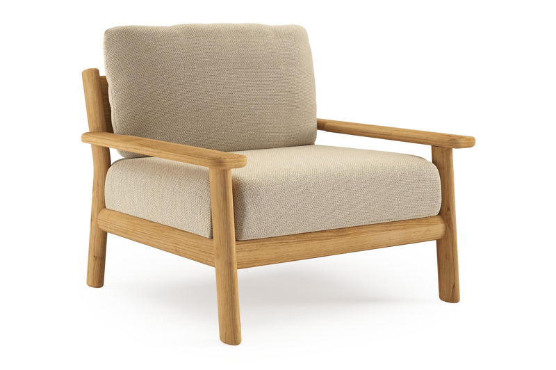 Amaro loungestoel in teak met althea camel all weather cosytica kussen