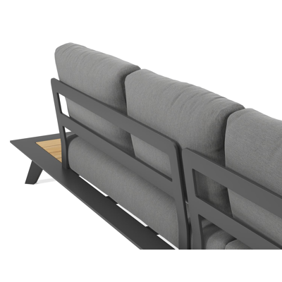 Salon de jardin d'angle Puglia en aluminium noir et teck avec coussin en gris all weather sunbrella® premium