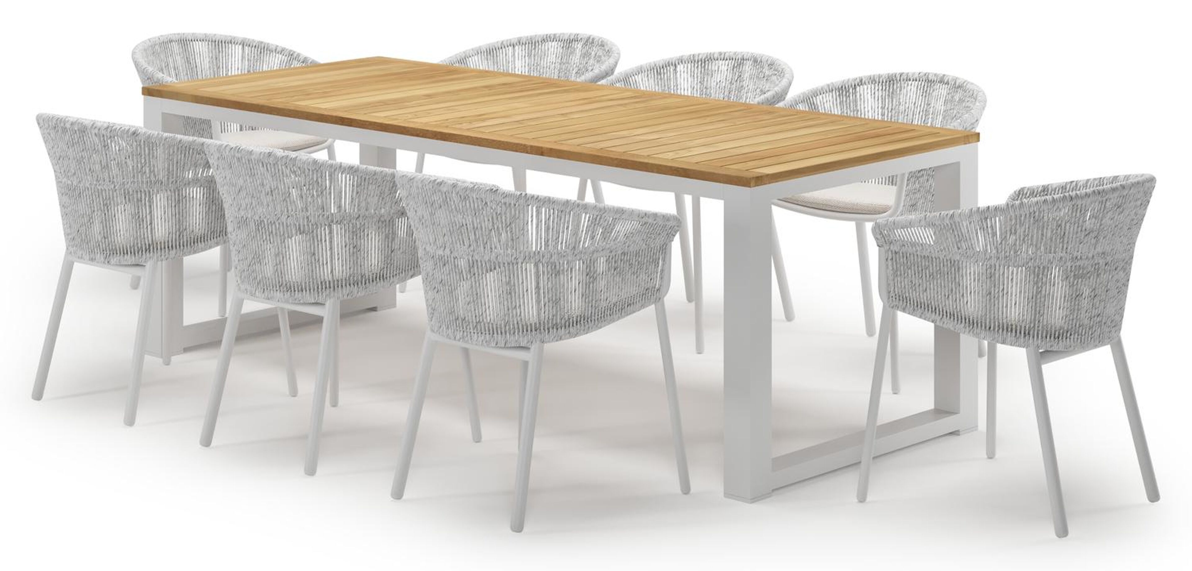 Livo tuinset in wit aluminium en teak met 8 Matera tuinstoelen