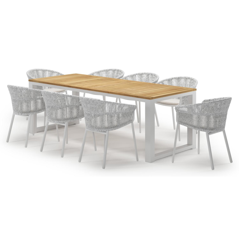 Livo tuinset in wit aluminium en teak met 8 Matera tuinstoelen