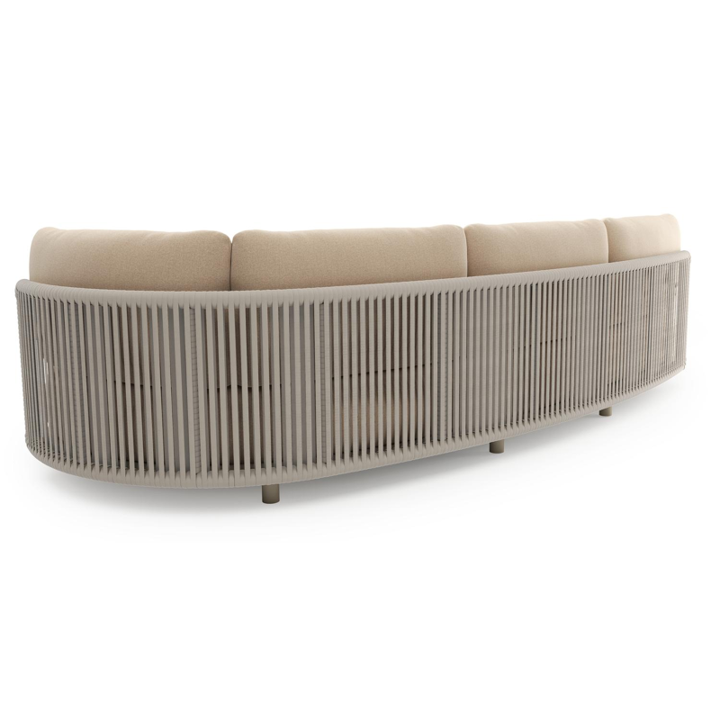 Canapé de jardin Lomano en aluminium beige et corde luxe plate tissée verticalement beige et coussins en all weather sunbrella® luxe natte heather beige