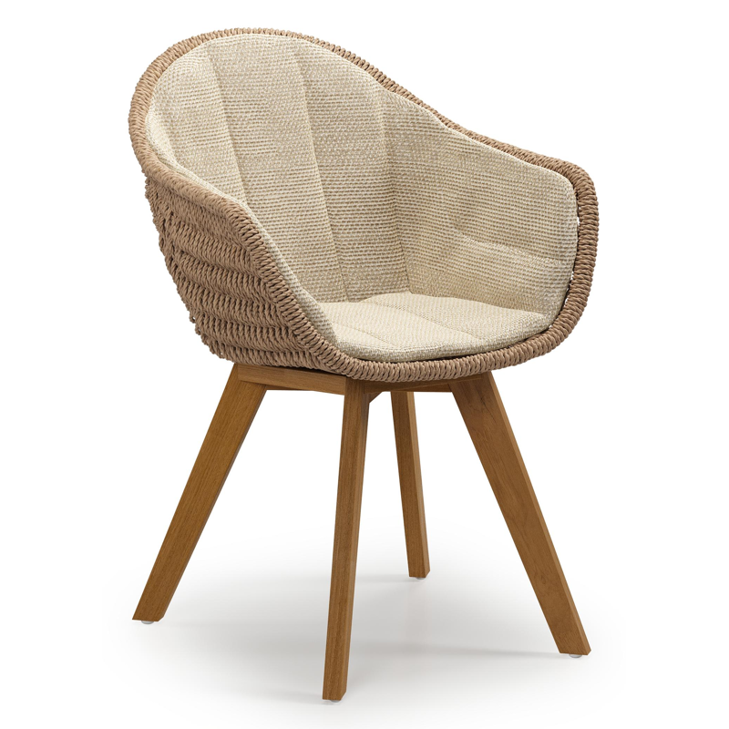 Pagino tuinstoel in teak en naturel ronde wicker met zitkussen in All Weather Cosytica Althea Camel