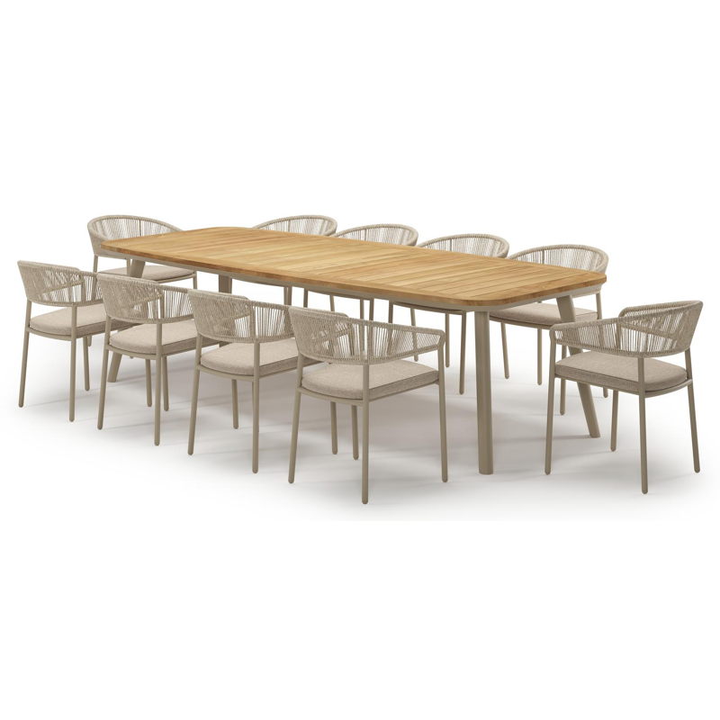 Mosa tuinset in beige aluminium en teak met 10 stapelbare Zamora tuinstoelen
