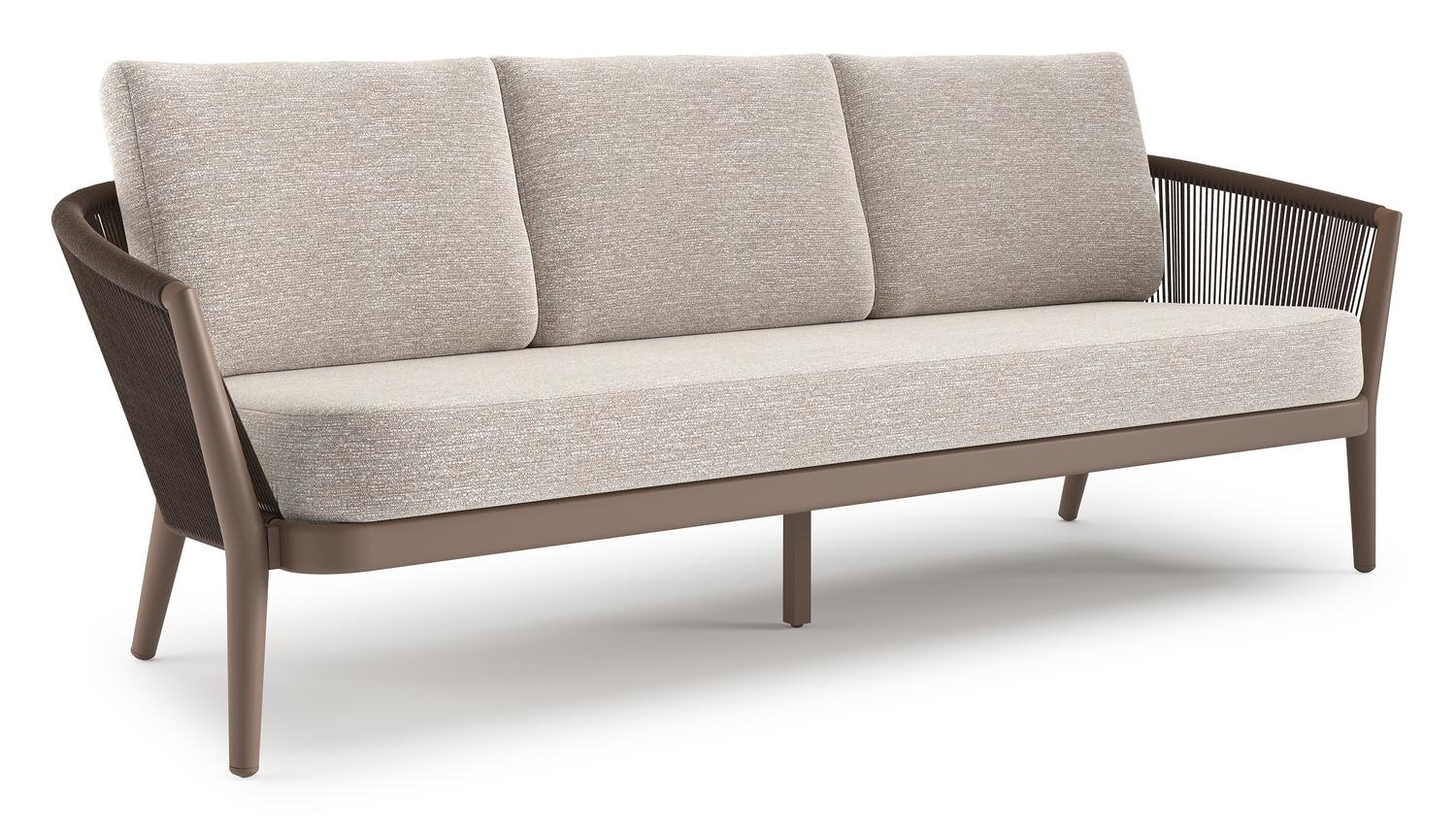 Canapé de jardin Orso en aluminium taupe en corde ronde tissée verticalement noir et coussins en all weather sunbrella® luxe Tundra Sand