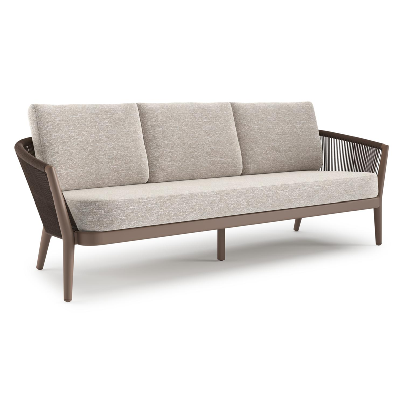 Canapé de jardin Orso en aluminium taupe en corde ronde tissée verticalement noir et coussins en all weather sunbrella® luxe Tundra Sand