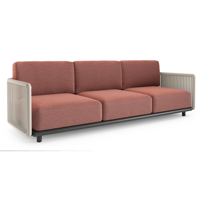 Canapé de jardin Organo en aluminium noir et corde luxe plate tissée verticalement beige et coussin en all weather Sunbrella® luxe slow alezan