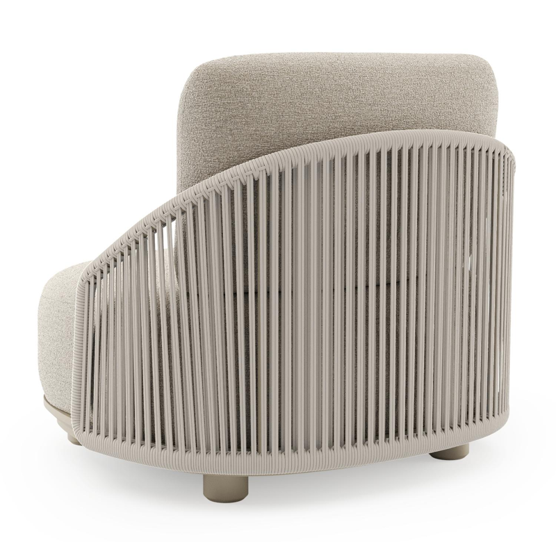 Fauteuil de jardin Vadelo en aluminium beige et corde ronde tissée verticalement beige et coussins en all weather cosytica catania greige