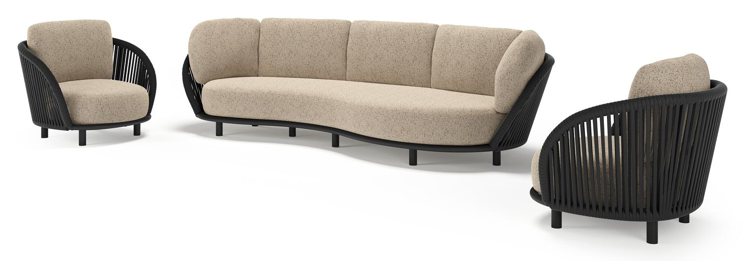 Lupino loungeset in zwart aluminium en zwart verticaal geweven luxe vlakke brede rope met bora jungle all weather cosytica kussen