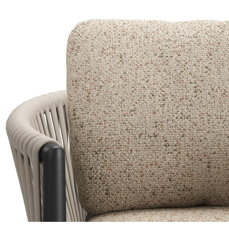 Organo tuinstoel in zwart aluminium en beige verticaal geweven luxe vlakke rope met zitkussen in All Weather Cosytica Bora Jungle