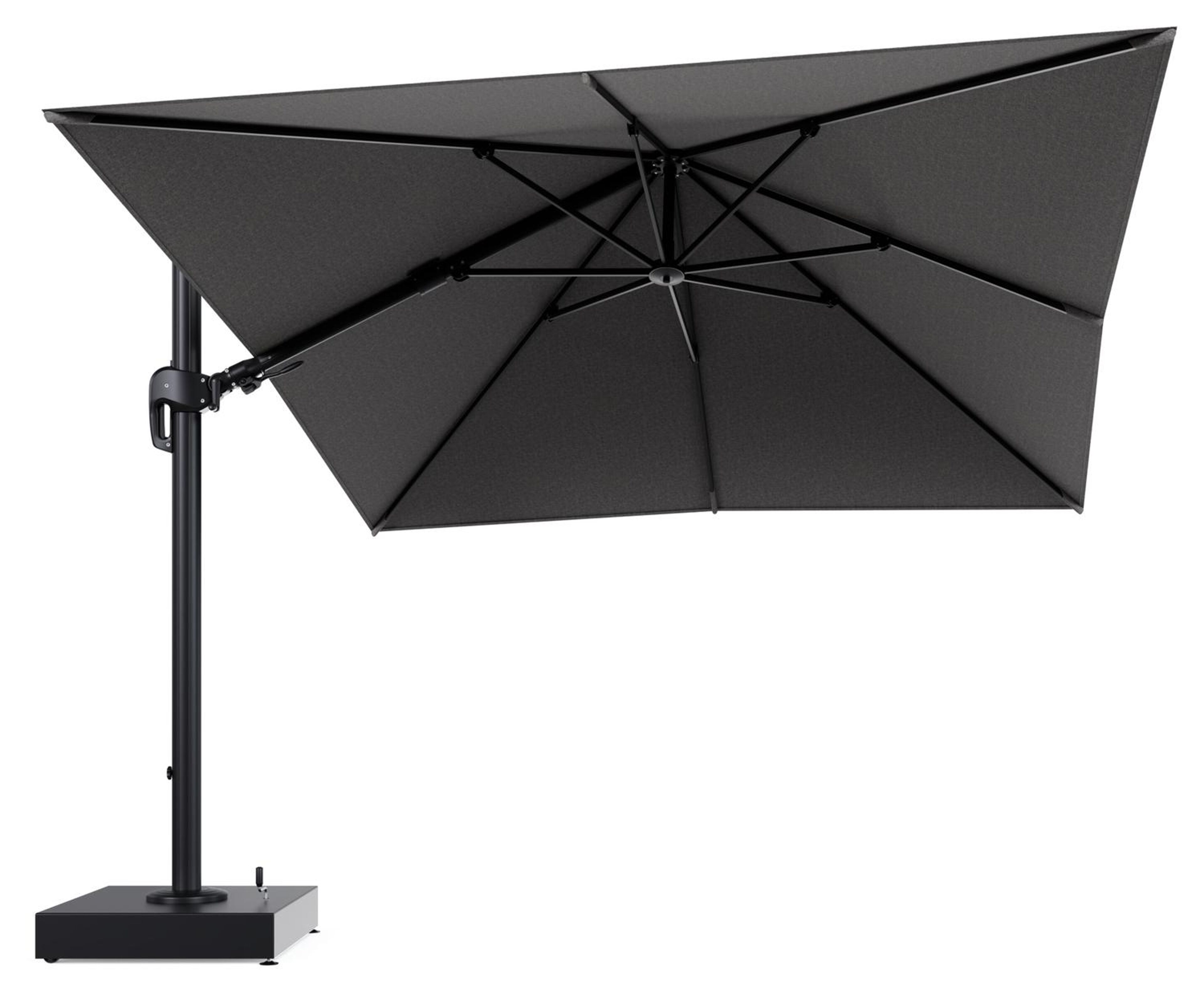 Rufina zweefparasol met tiltfunctie in zwart aluminium en Chartres Drizzle All Weather Sunbrella® Luxe parasoldoek - L1 300 x L2 300 cm met parasolvoet Minore 150 kg met wielen