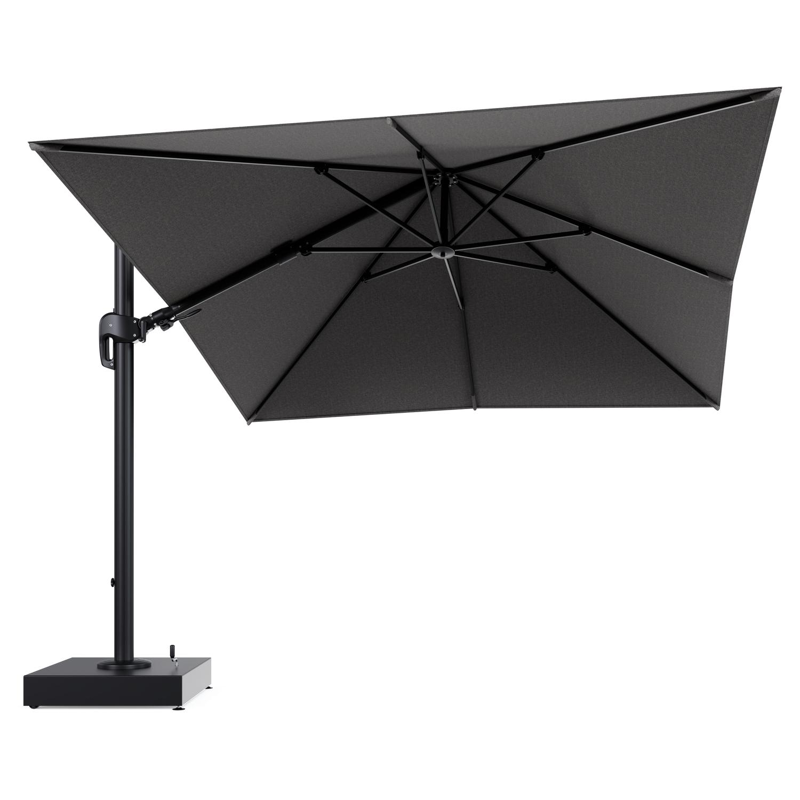Rufina zweefparasol met tiltfunctie in zwart aluminium en Chartres Drizzle All Weather Sunbrella® Luxe parasoldoek - L1 300 x L2 300 cm met parasolvoet Minore 150 kg met wielen