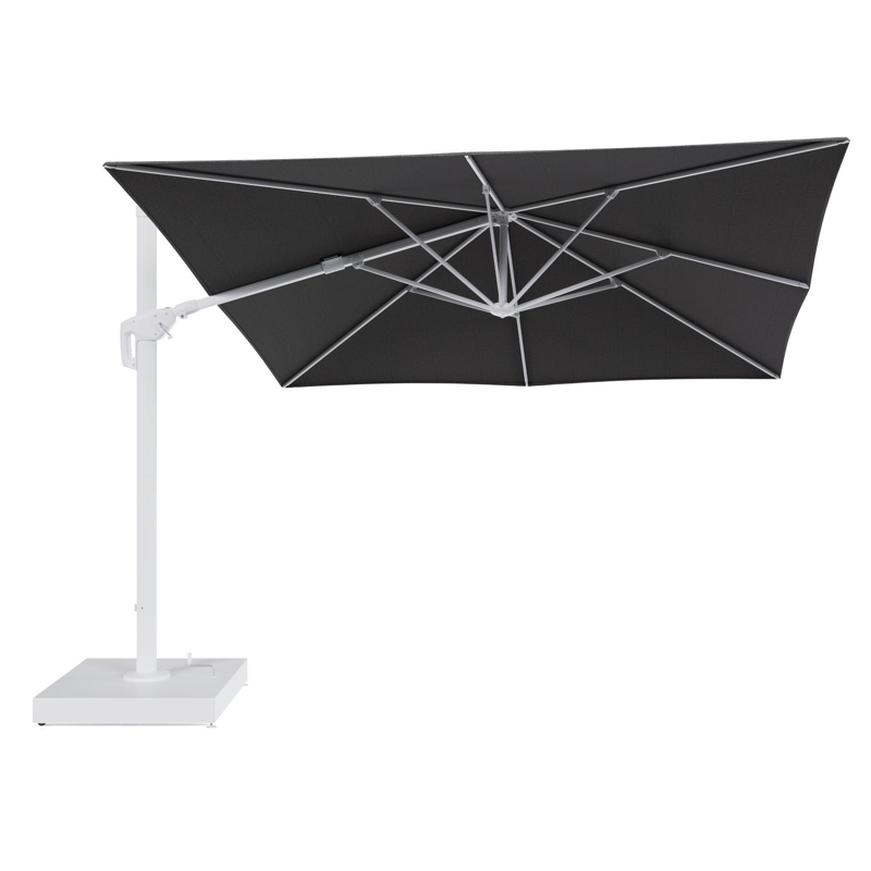 Minore zweefparasol met tiltfunctie in wit aluminium en Firenze Tunder All Weather Solica parasoldoek - L1 350 x L2: 350 cm met parasolvoet Minore 260 kg met wielen