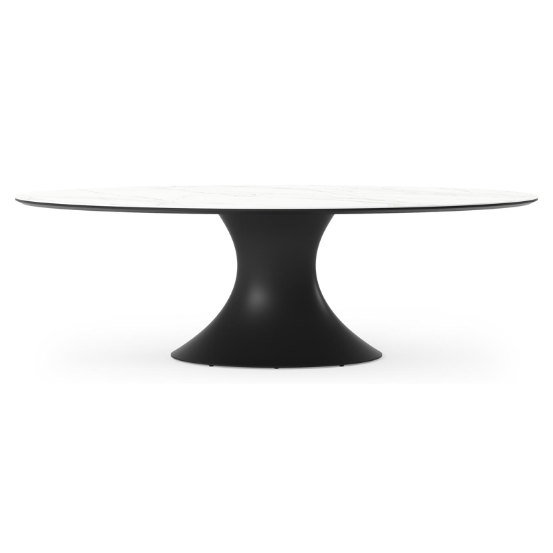Table de jardin Fano ovale en aluminium noir et céramique pleine Calacatta - Lg. 240 x Lrg. 135 x Haut. 75 cm
