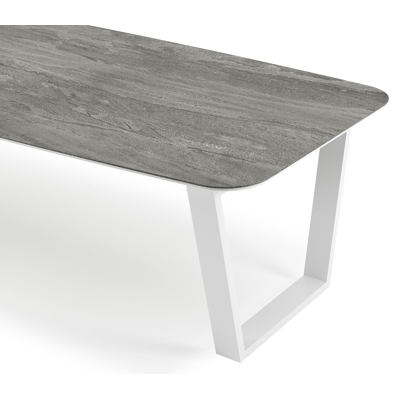 Pagino tuintafel bootvorm in wit aluminium en volkeramiek Aspen Grey - L 315 x B 115 x H 73 cm