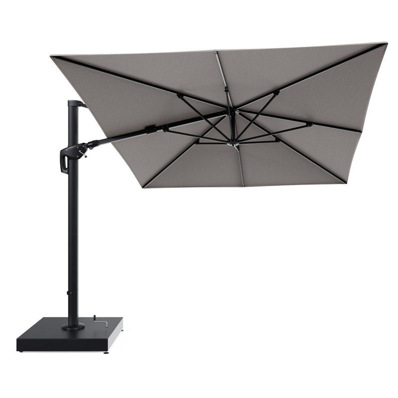 Minore zweefparasol met tiltfunctie in zwart aluminium en All Weather Sunbrella Luxe Wander Granite parasoldoek - L1 400 x L2 300 cm met parasolvoet Minore 260 kg met wielen