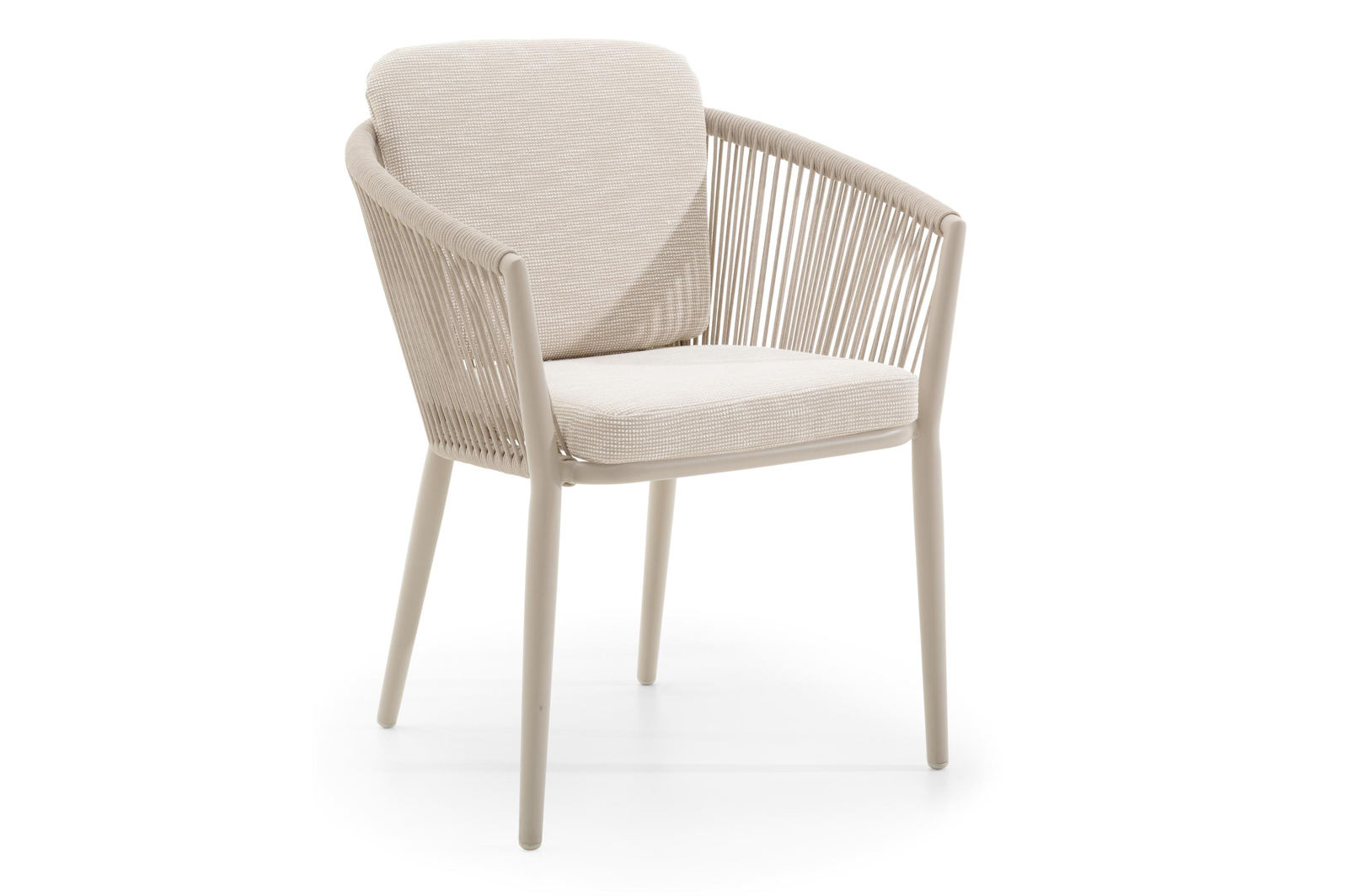 Orso stapelbare tuinstoel in beige aluminium en beige verticaal geweven ronde rope met kussen in All Weather Sunbrella® Luxe Slow Farafra