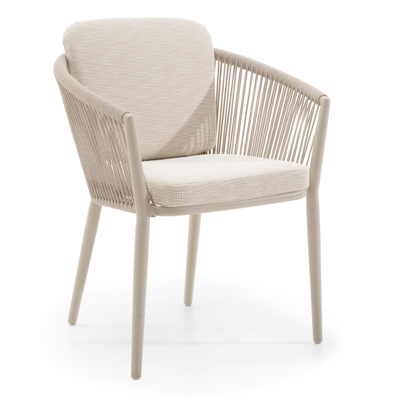 Orso stapelbare tuinstoel in beige aluminium en beige verticaal geweven ronde rope met kussen in All Weather Sunbrella® Luxe Slow Farafra