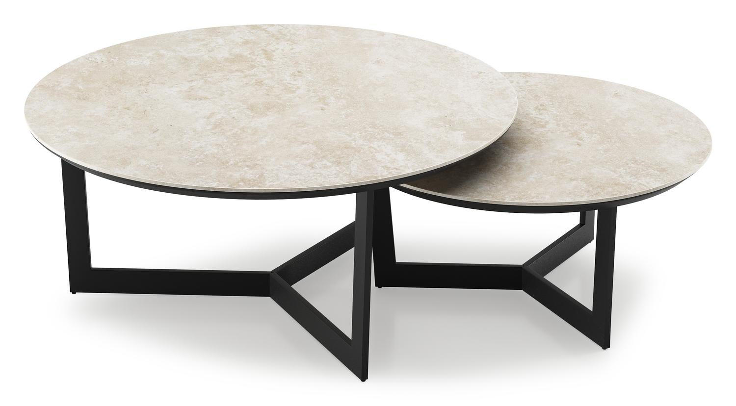 Ensemble de 2 tables de basses Lacrima ronde en aluminium noir et céramique pleine Rapolano - Diam. 85/65 x Haut. 35/30 cm