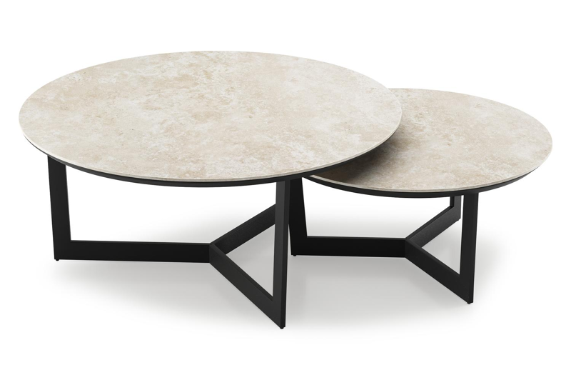 Ensemble de 2 tables de basses Lacrima ronde en aluminium noir et céramique pleine Rapolano - Diam. 85/65 x Haut. 35/30 cm