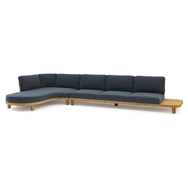 Salon de jardin d'angle Donato en teck et corde ronde tissée verticalement beige et coussins en All Weather Sunbrella® luxe Heritage Indigo