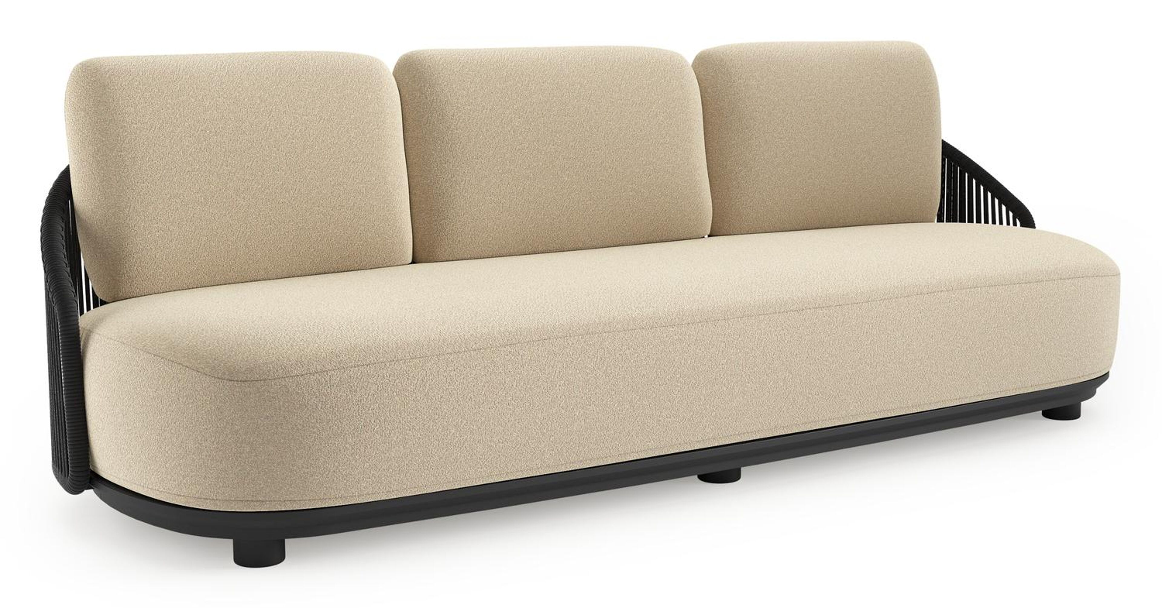 Canapé de jardin Vadelo en aluminium noir et corde ronde tissée verticalement noir et coussins en all weather solica soul papyrus