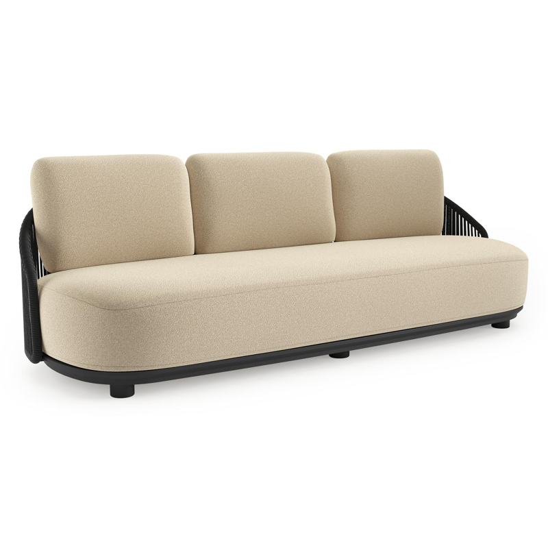 Canapé de jardin Vadelo en aluminium noir et corde ronde tissée verticalement noir et coussins en all weather solica soul papyrus