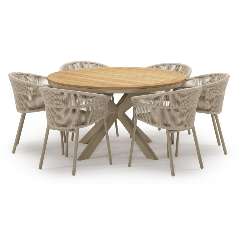 Pamplona tuinset in beige aluminium en teak met 6 stapelbare Matera tuinstoelen