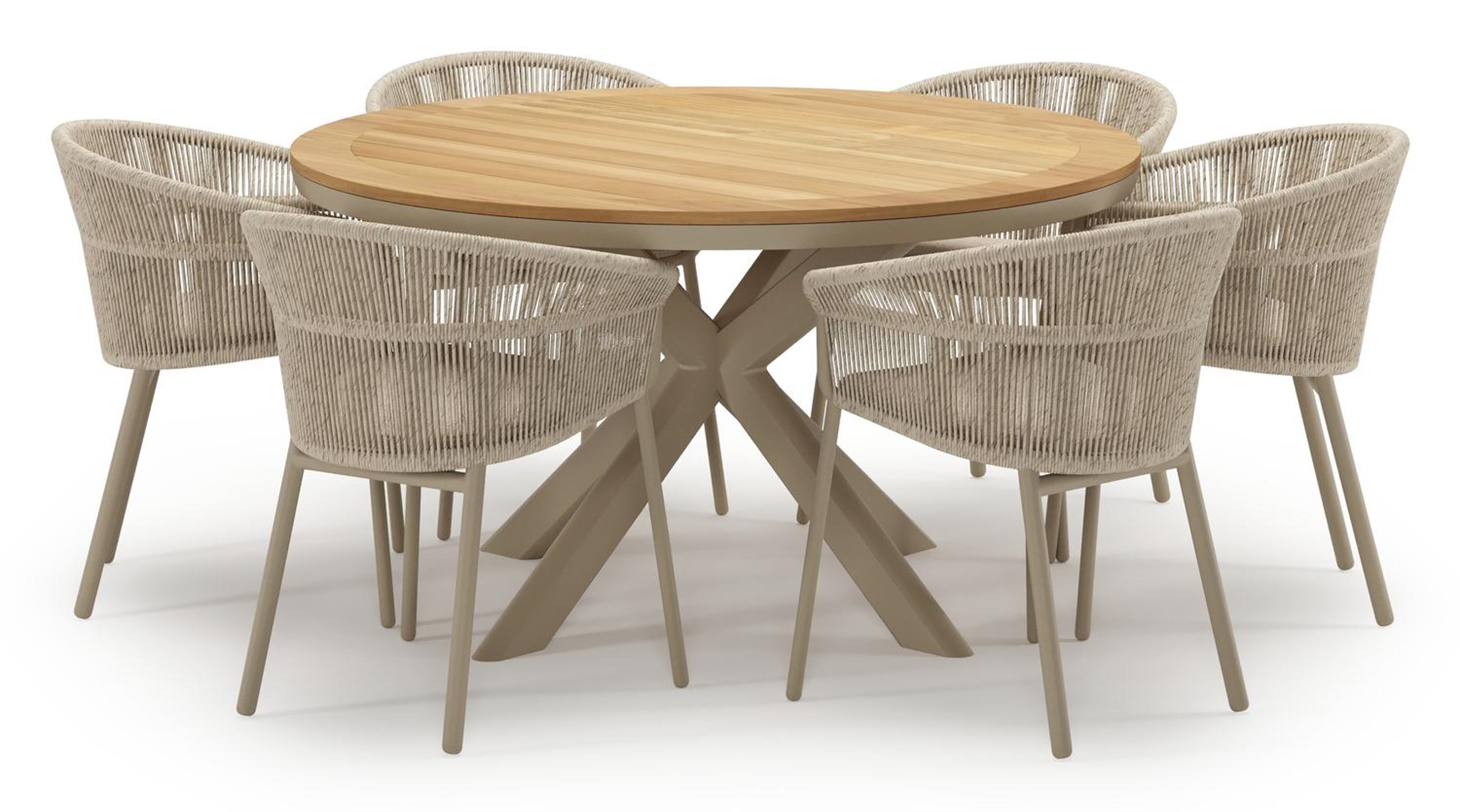 Pamplona tuinset in beige aluminium en teak met 6 stapelbare Matera tuinstoelen
