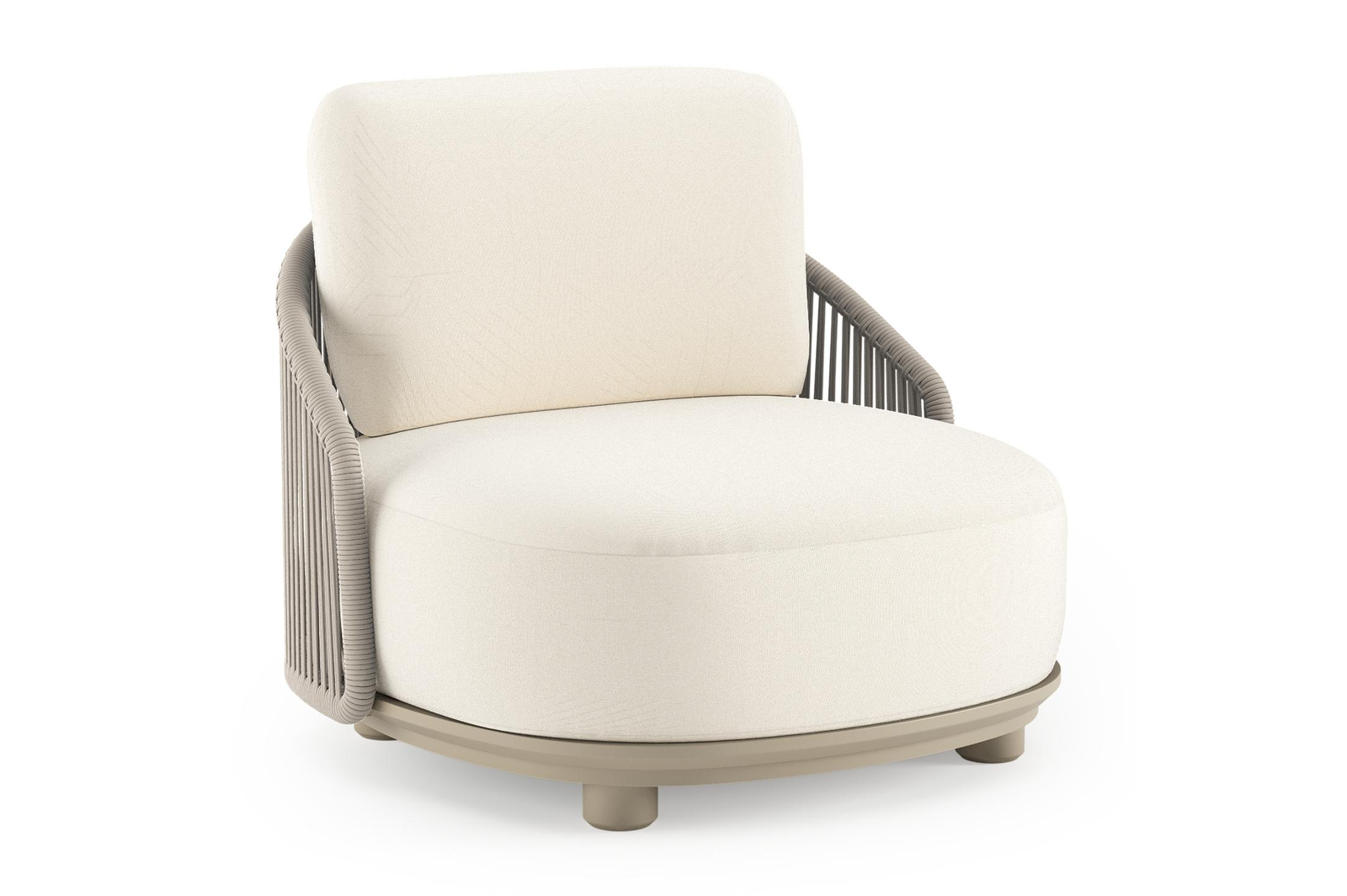Fauteuil de jardin Vadelo en aluminium beige et corde ronde tissée verticalement beige et coussins en all weather sunbrella® luxe natte white