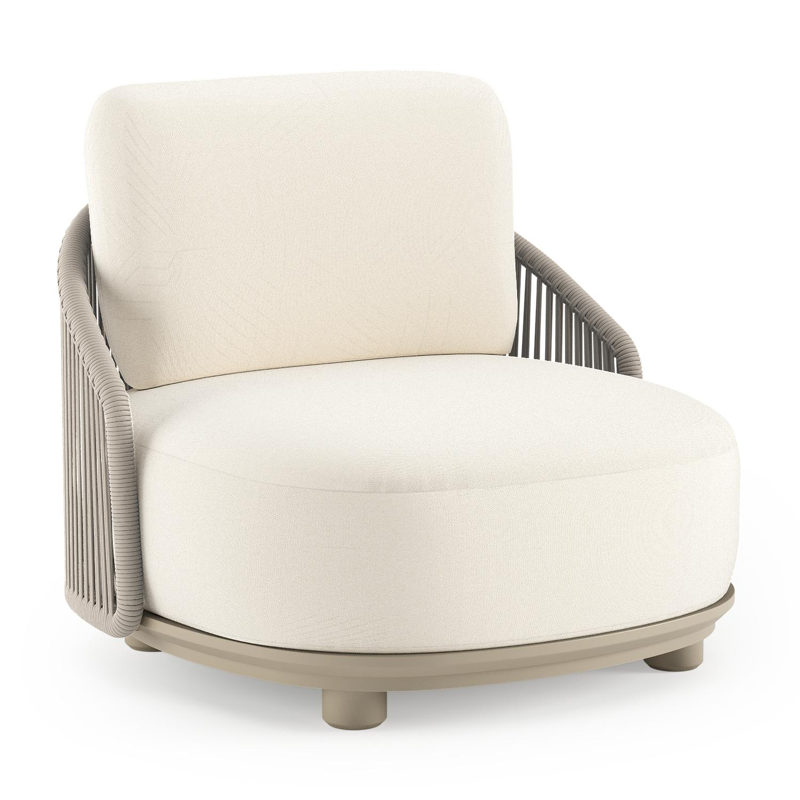 Fauteuil de jardin Vadelo en aluminium beige et corde ronde tissée verticalement beige et coussins en all weather sunbrella® luxe natte white