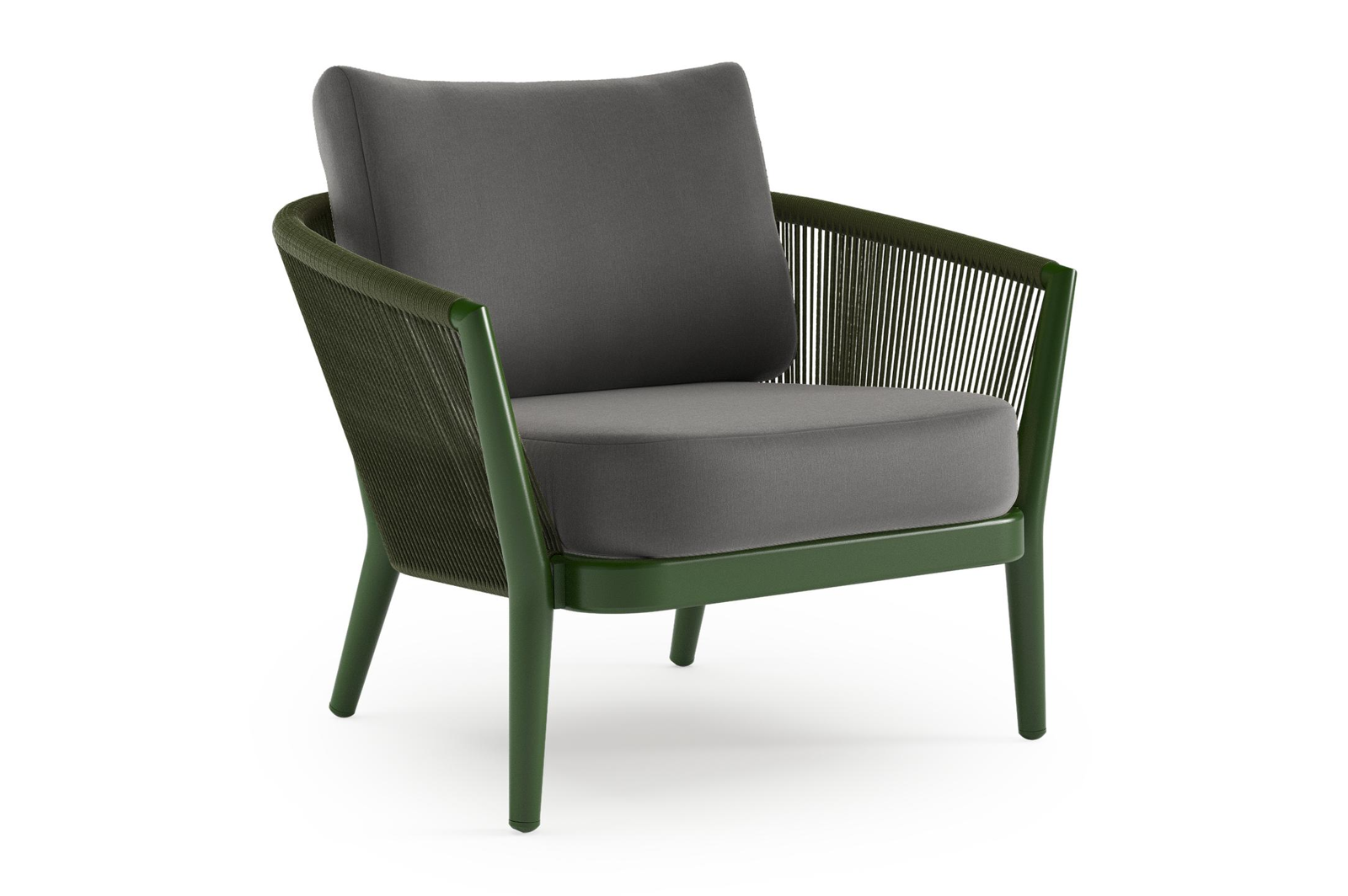 Orso loungestoel in groen aluminium en groen verticaal geweven ronde rope met Natte Charcoal Chine all weather sunbrella® luxe kussen