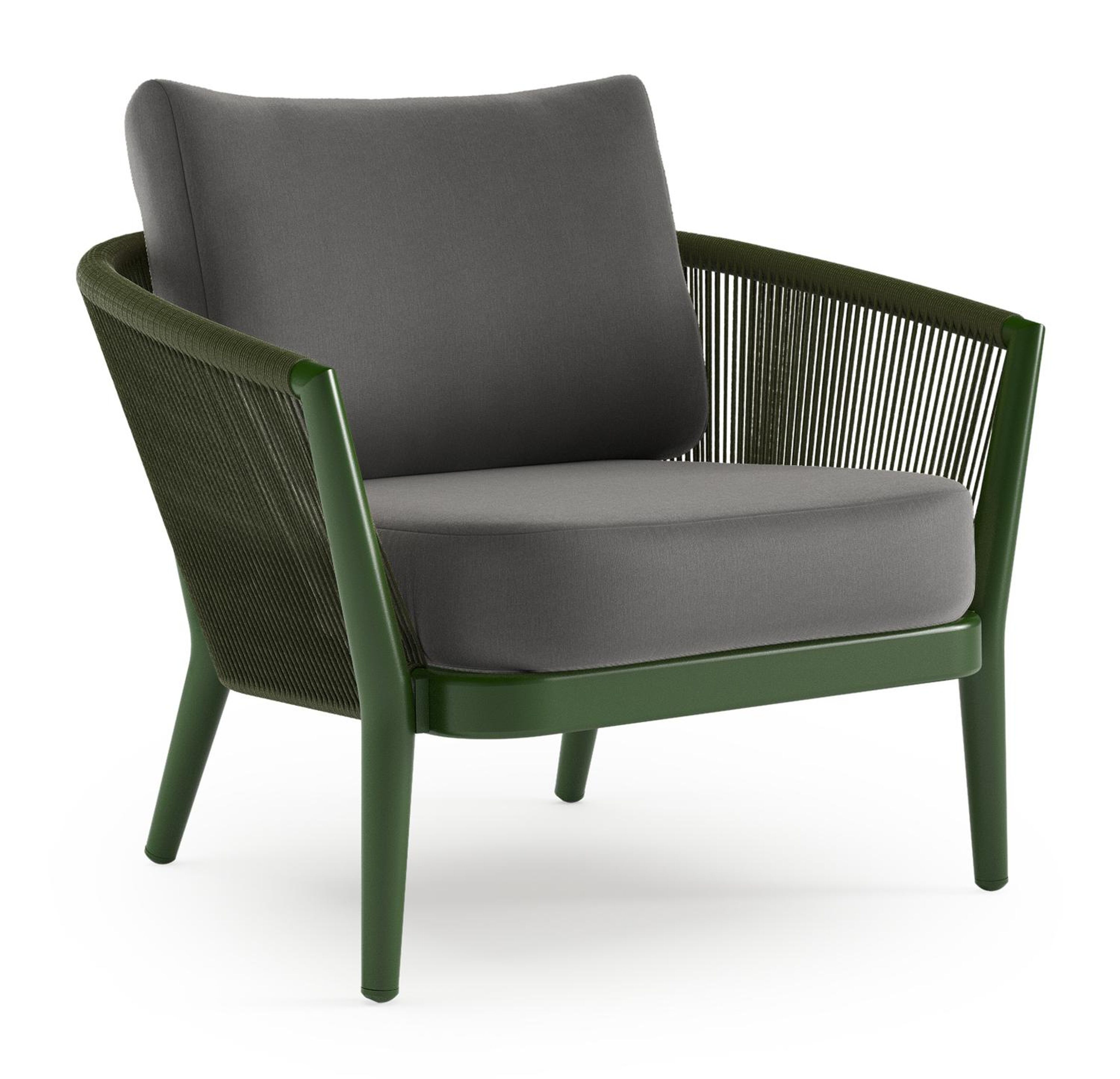 Orso loungestoel in groen aluminium en groen verticaal geweven ronde rope met Natte Charcoal Chine all weather sunbrella® luxe kussen