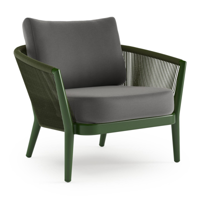 Orso loungestoel in groen aluminium en groen verticaal geweven ronde rope met Natte Charcoal Chine all weather sunbrella® luxe kussen