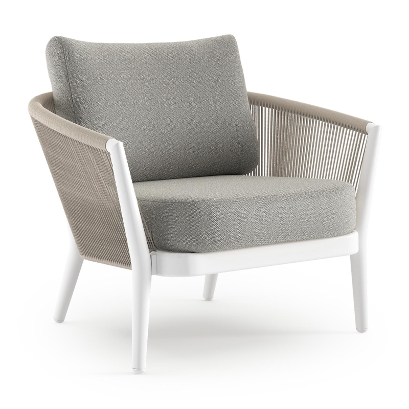 Fauteuil de jardin Orso en aluminium blanc en corde ronde tissée verticalement beige et coussins en all weather sunbrella® luxe Savane Tunder