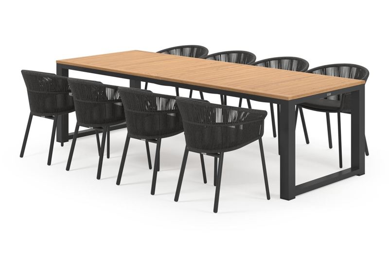 Livo tuinset in zwart aluminium en natural finish teak tafelblad met 8 stapelbare Matera tuinstoelen