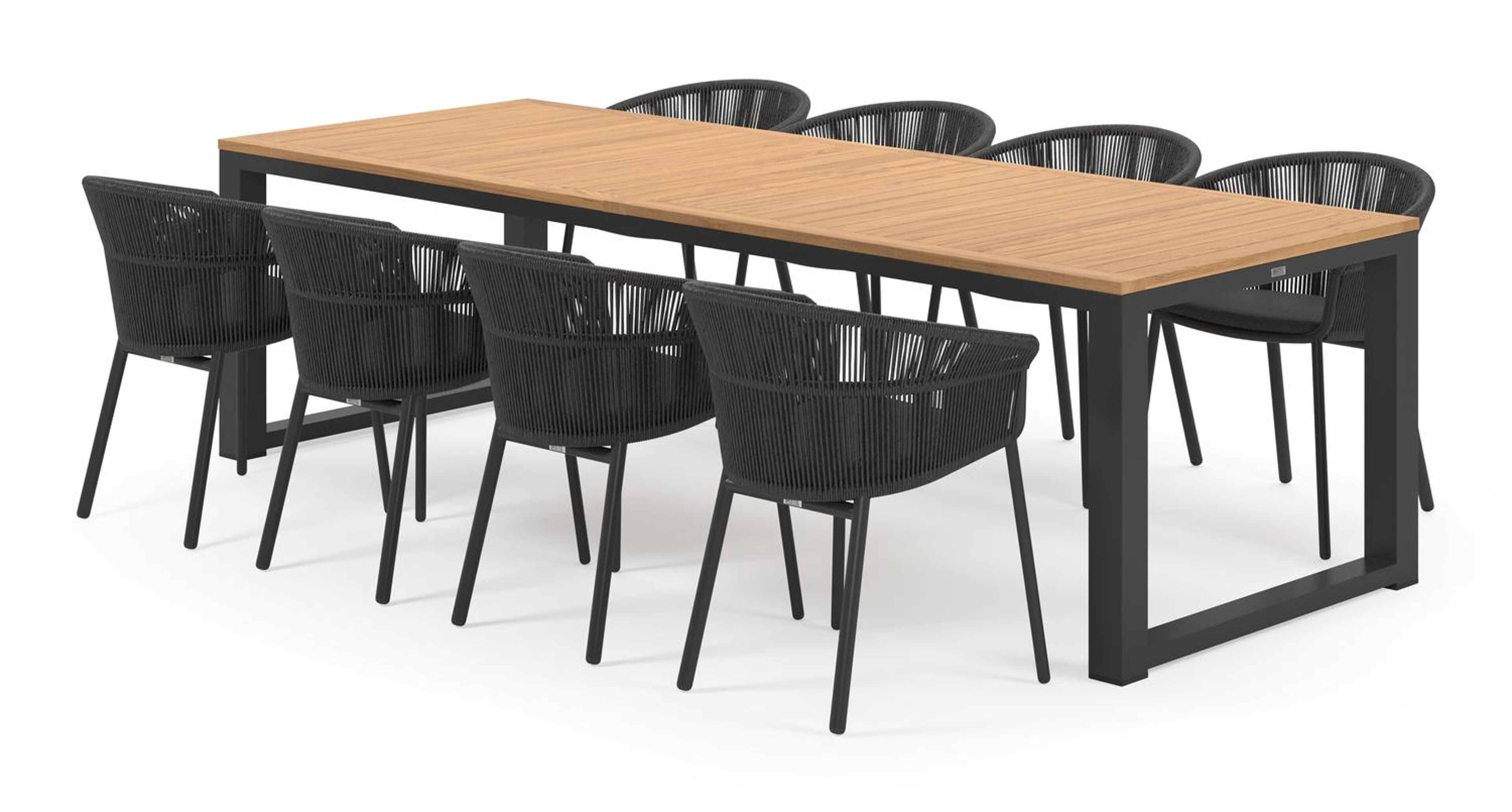 Livo tuinset in zwart aluminium en natural finish teak tafelblad met 8 stapelbare Matera tuinstoelen