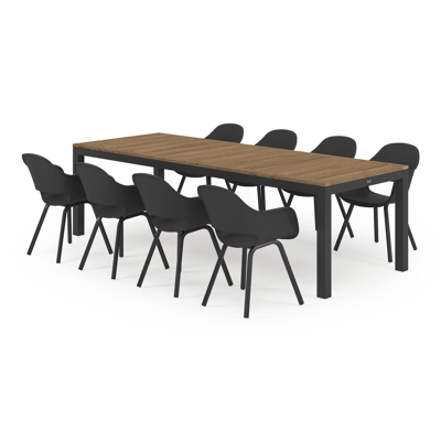 Varese tuinset in zwart aluminium en naturel teak tafelblad met 8 Artena tuinstoelen