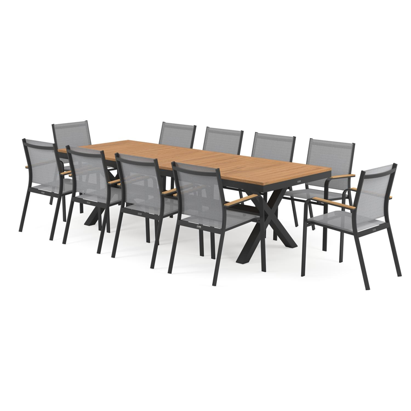 Ensemble de jardin Reza en aluminium noir avec plateau de table en teck naturel et 10 chaises de jardin empilables Amalfi