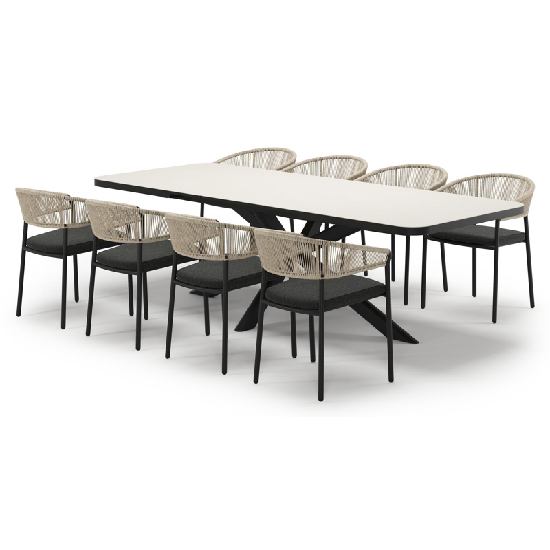 Estella verlengbare tuinset rechthoekig in zwart aluminium en sintered stone Crema minerale met 8 Zamora tuinstoelen