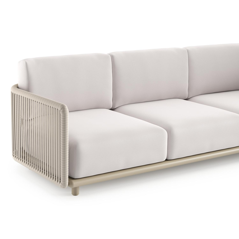 Organo loungebank in beige aluminium en beige verticaal geweven luxe vlakke rope met savane whisper all weather Sunbrella® luxe kussen
